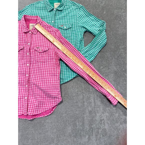 Hollister Gingham Checked Button Up Shirt‎ Pink Green White Double Gauze Logo XS - Picture 6 of 8